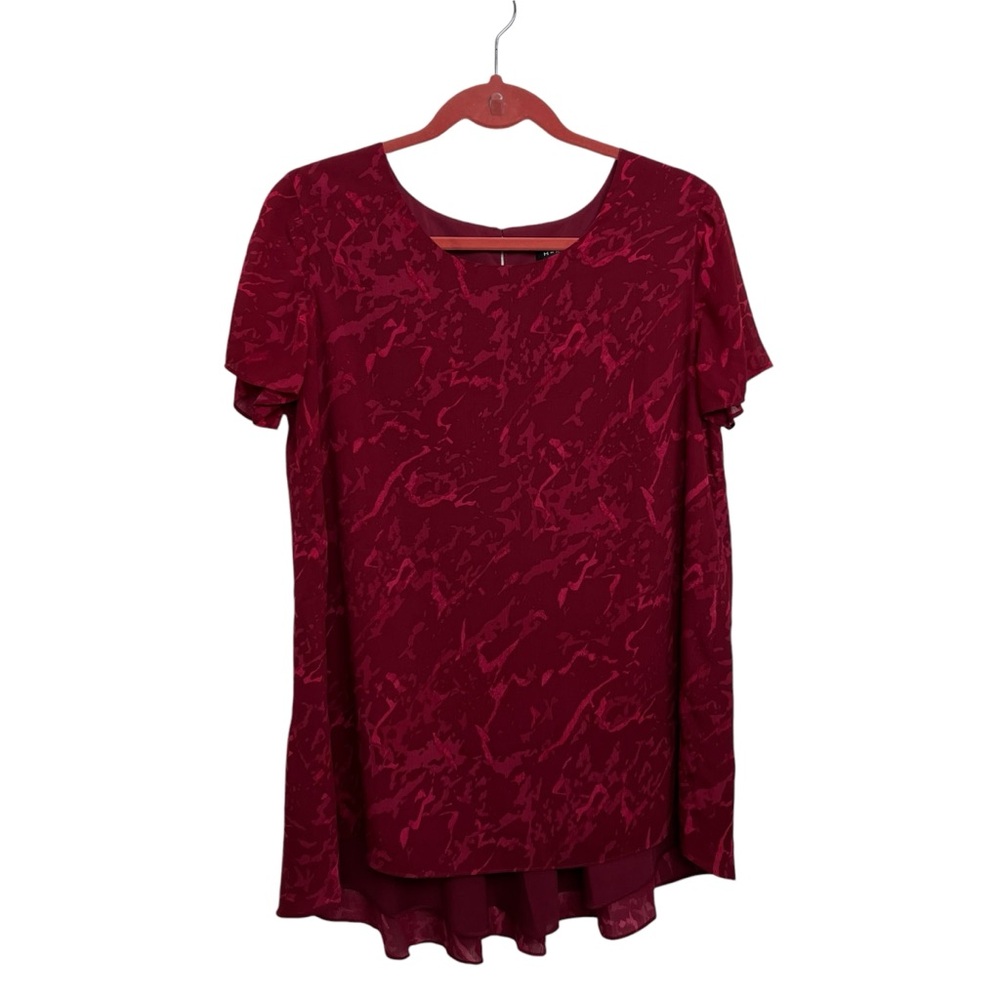 H by Halston Chiffon Sheer Lined Hi Low Hem Short Sleeve Tunic Women Small Red